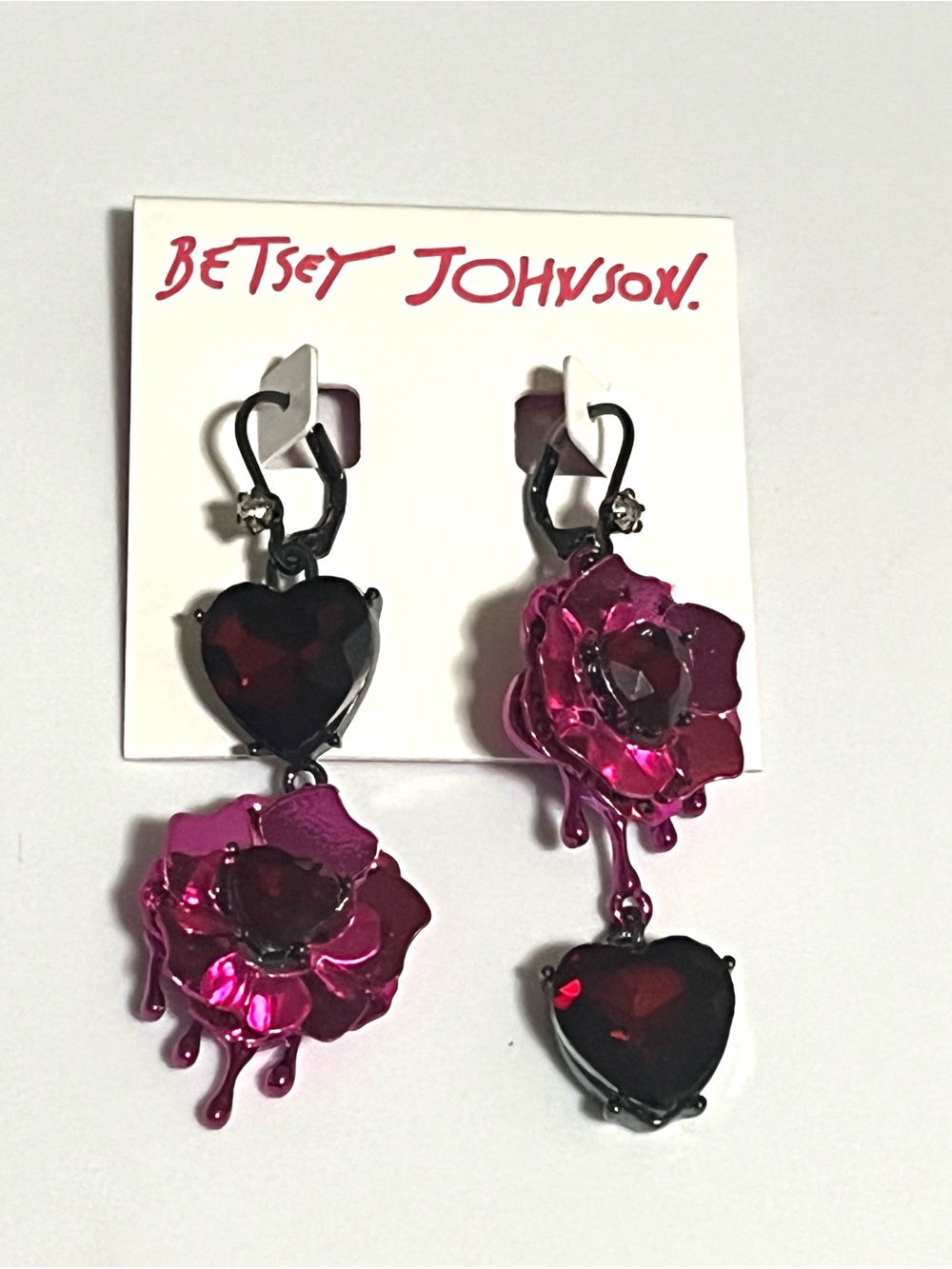 Betsey Johnson Hot Pink Heart & Flower Drop Earrings